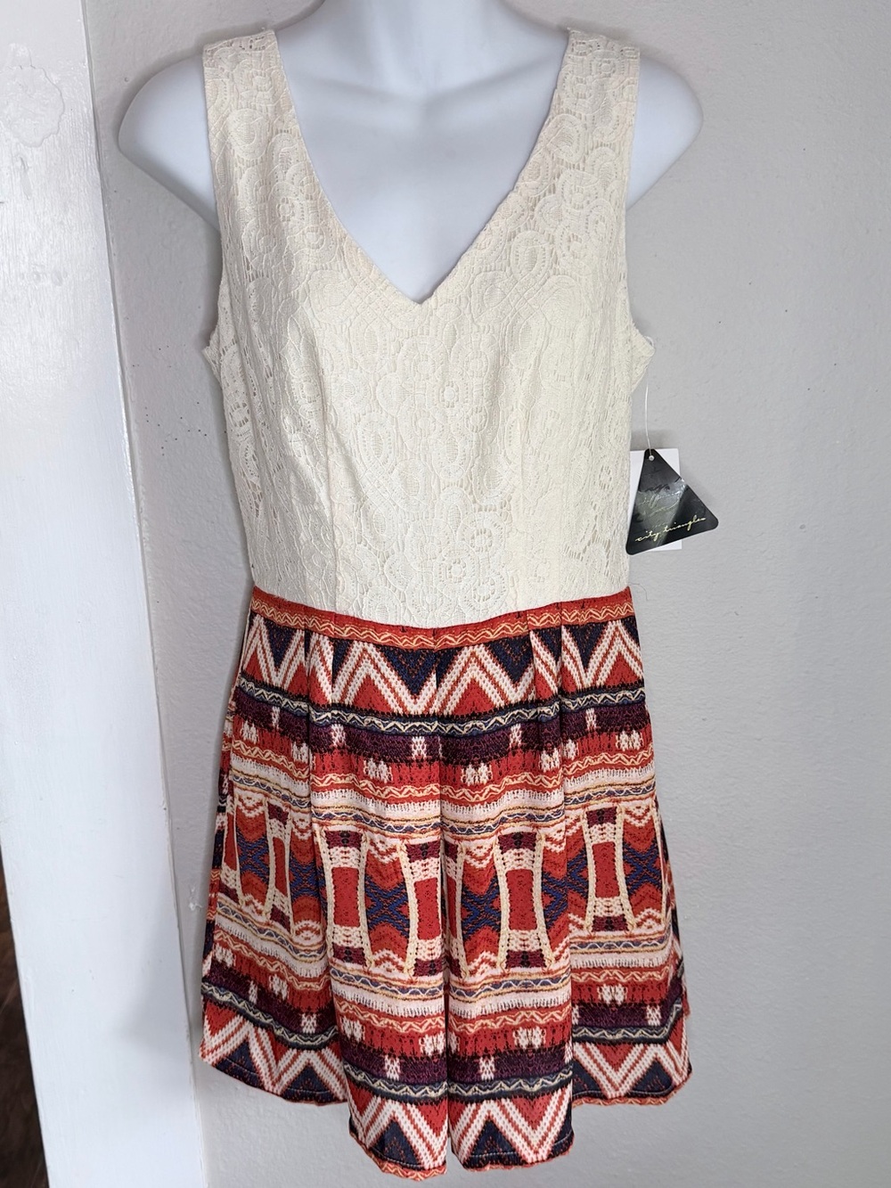 City Triangles Aztec Romper Lace Top geo print bottom  women Size 9